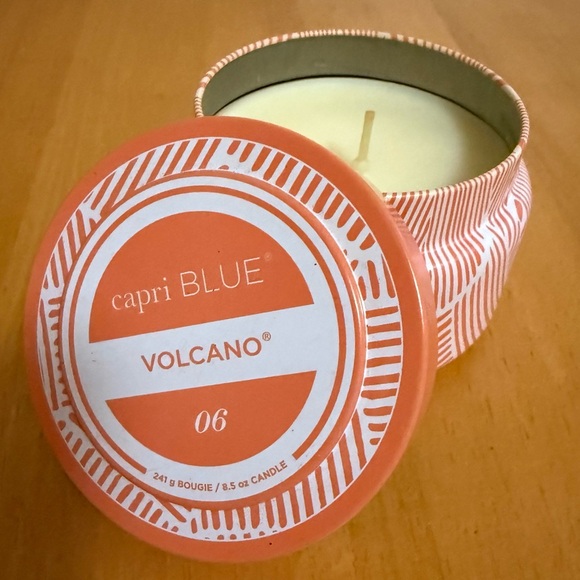 Anthropologie Other - Anthropologie Capri Blue Volcano Candle Circular Lidded Tin Orange White Pattern